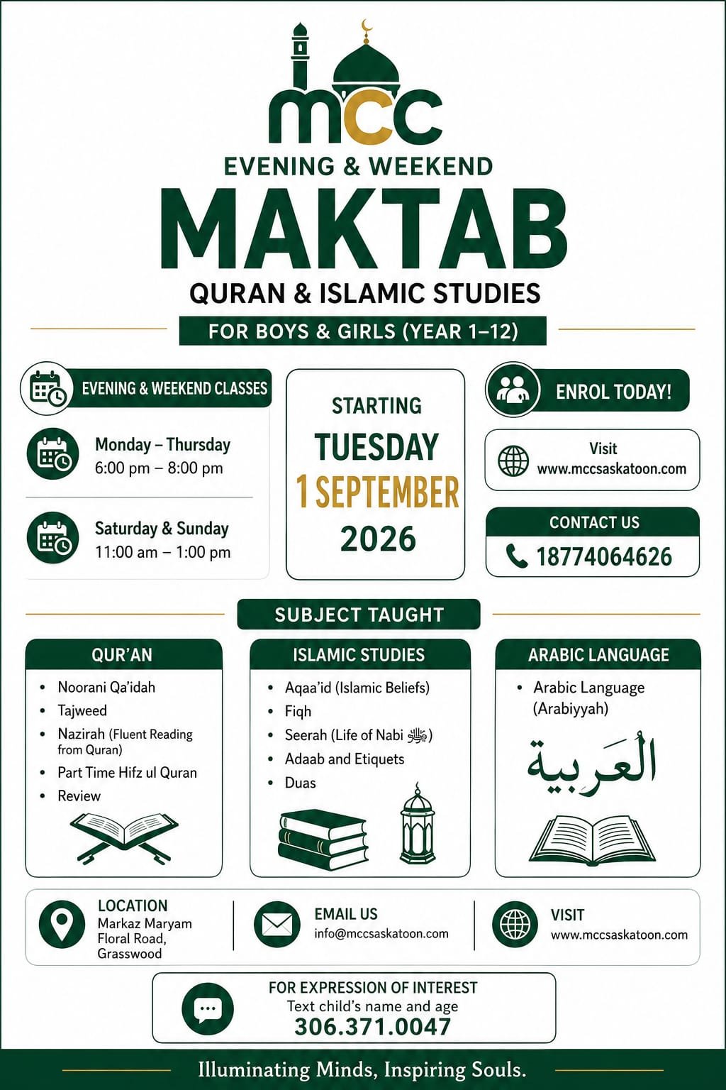 Evening & Weekend Maktab at Markaz Maryam — Qur'an, Islamic Studies and Arabic language for boys and girls in Year 1 to 12, classes Monday to Thursday evenings and weekends, starting Tuesday 1 September 2026