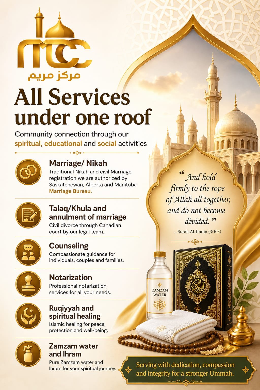 All services under one roof at Markaz Maryam — Marriage & Nikah, Talaq/Khula, counseling, notarization, ruqiyyah and spiritual healing, Zamzam water and Ihram